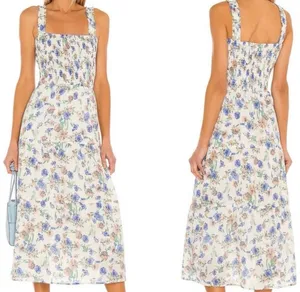 Revolve Heartloom Ronnie Prairie Tier Dress Floral Smocked White Blue Green M thumbnail 2