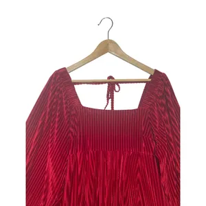 Red Pleated Velvet Mini Dress Square‎ Neck Lantern Sleeve Holiday Boho Party L thumbnail 4