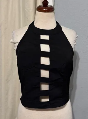 TOP CHIC Y2K Black‎ Cutout Halter Crop Top Zipper Back Gothic Punk Women L Rock thumbnail 1