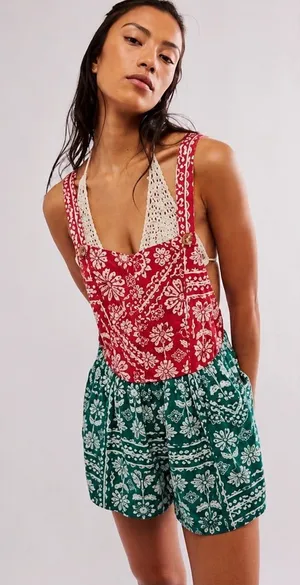 ❤️ Free People Palm‎ Bay Printed Shortalls Romper Size Small Boho NWOT 🌿 thumbnail 1