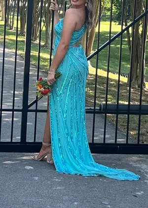 Ashley Lauren Turquoise, one-shouldered, beaded prom or pageant dress thumbnail 2