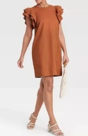 Women’s A New Day rust orange short ruffle sleeve linen blend dress size large thumbnail 1