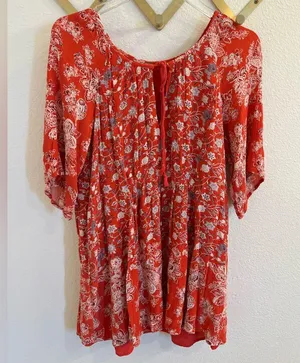 Free People Red Floral Bell Sleeve Mini Dress Medium thumbnail 1