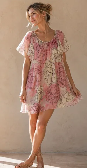 BCBGMaxAzria Boho Blush Pink Floral Mesh Cottagecore Flutter Sleeve Dress thumbnail 1