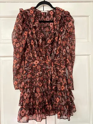 Ulla Johnson Esila Silk Abstract Ruffle Long Sleeve Mini Dress Size 6 Party Ikat thumbnail 4