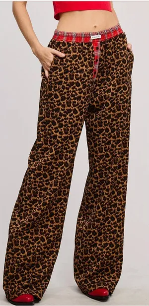 Mimosa Leopard Print Lounge Pants Women's S Plaid Waistband Straight PJ Wide Leg thumbnail 1