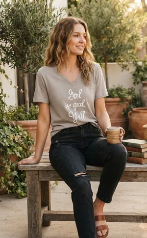 Atx Mafia Women’s Taupe V‑Neck Graphic Tee thumbnail 1