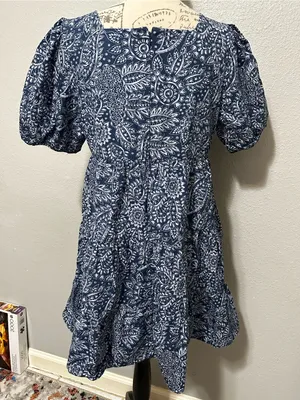 Madewell Blue Paisley Cotton Mini Dress Puff Sleeve Square Neck Size 8 boho thumbnail 2