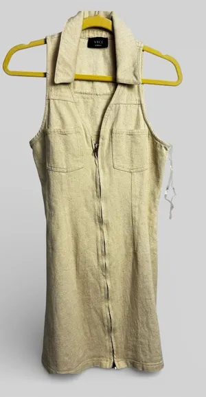 Vici neutral beige safari zip up sleeveless mini dress medium bodycon retro chic thumbnail 1