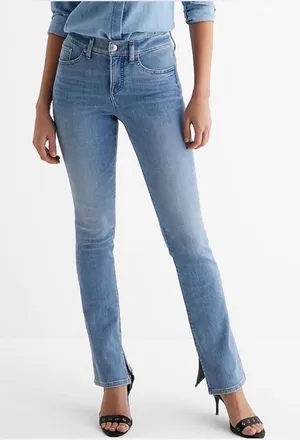 Express‎ Skyscraper Mid Rise Hyper Stretch Flare Jeans Blue Split Hem 6R NEW thumbnail 1