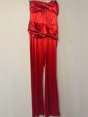 Strapless Red Satin Wide-Leg Jumpsuit thumbnail 5
