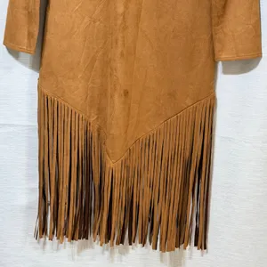 Womens Faux Suede Fringe Western Midi Dress Camel Brown Long Sleeve Size L thumbnail 5