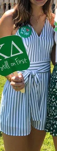 Gianni Bini Green and White Striped Romper thumbnail 1