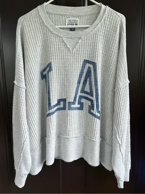 Like New Aerie Big Hug Waffle Knit L.A. Graphic Top Grey Oversized Small thumbnail 1