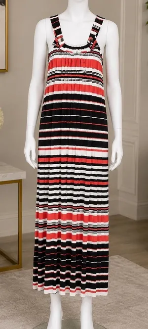 Spense Womens Maxi Dress Striped Smocked Sleeveless Red Black White Medium thumbnail 1