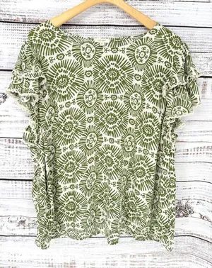 Haute Hippie‎ Flutter Sleeve Boho Blouse Women's 2X Green Sunburst Crochet Rayon thumbnail 1