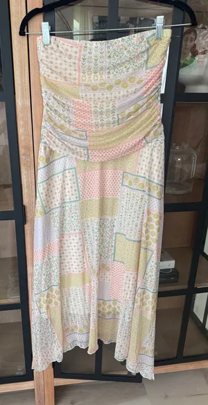 See You Monday patchwork dress midi fairy ruched stretchy pastel boho strapless thumbnail 1