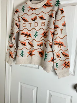 Vintage Style October Fall Sweater Beige Orange Leaves Trees Crewneck Medium / L thumbnail 3