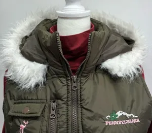 Pennsylvania Embroidered Olive Green Faux Fur Trim Puffer Vest Size Medium thumbnail 7