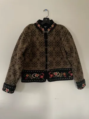 Scandinavian Wool Cardigan Small Brown Floral Embroidered Cottagecore Nordic thumbnail 2