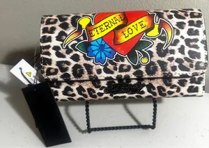 NWT Ed Hardy‎ Leopard Print Wallet Eternal Love Y2K Tattoo Heart Signature Logo thumbnail 1