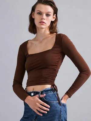 ZARA Brown Square Neck Ruched Stretch Jersey Top With Side Gathering Large thumbnail 14