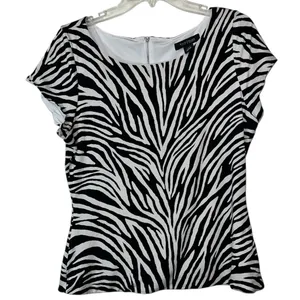 White House Black Market Zebra Print Top L Exposed Zipper Stretch Lined Blouse thumbnail 1