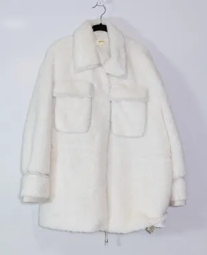 Maeve Anthropologie Faux Vegan Fuzzy Fur Cinched Waist Coat Jacket White Large thumbnail 1