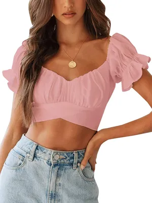 Lyaner Ruffle Short Sleeve Tie Up Back Crop Top Off Shoulder Bardot Blouse thumbnail 1