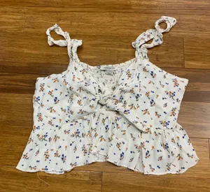 American Eagle Floral Ruffle Strap Cami Top‎ Womens XL Ivory Smocked Tie Front thumbnail 1