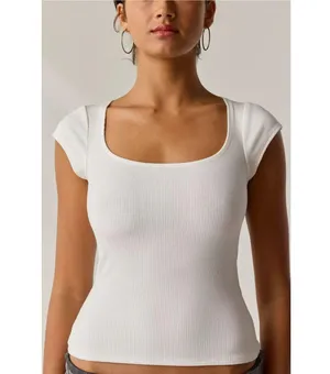 BDG UO Drew Cap Sleeve Ribbed Square White Neck Cropped Tee Size Large Nwot thumbnail 3