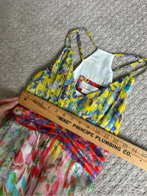 Anthropologie Yellow Floral Pleated Dress with Purple and Teal Accents size 0 thumbnail 5