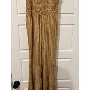 Vestique Women's Mustard Brown Striped Smocked Jumpsuit Size Small Game Day Boho thumbnail 6
