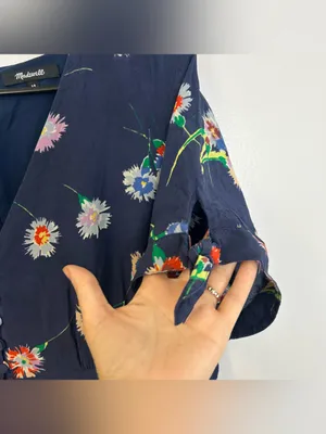 Madewell Blue 100% Silk Button-Front Short Tie-Sleeve Floral Mini Dress Size 14 thumbnail 8