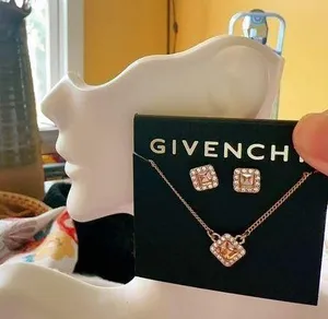 Givenchy square diamond paved stud earrings & necklace set thumbnail 1