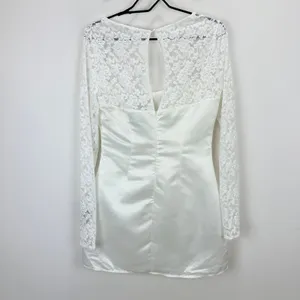 Lulus Prettiest Behavior White Satin Lace Long Sleeve Mini Dress Medium NWT thumbnail 11