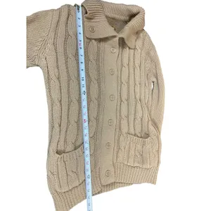 VTG 90s Grandma Beige Cable Knit S Button Front Cardigan Sweater Pocket thumbnail 5