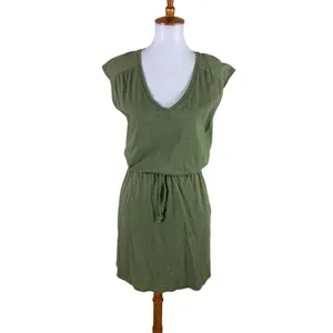 Boden Olive Green V Neck Drawstring Slub Cotton Mini T Shirt Dress Coastal 4R thumbnail 2