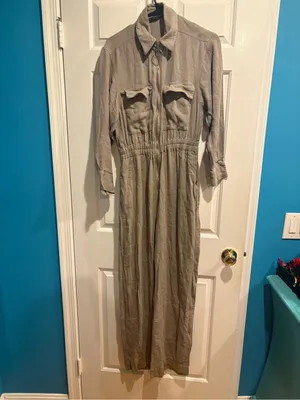 Zara utility coverall jumpsuit M taupe zipper elastic waist safari linen blend thumbnail 2