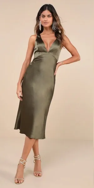 NWT Lulus Unmatched Elegance Olive Satin Sleeveless Midi Dress Cocktail Party S thumbnail 1