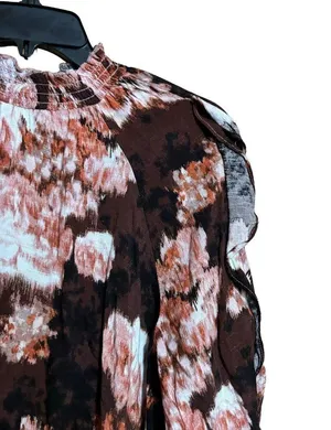 Maurices Top Large Multicolor Abstract Boho Mock Neck Cold Shoulder Ruffles thumbnail 3