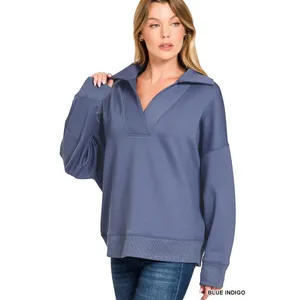 Zenana Scuba Collared‎ Pullover & Center Seam Pants Set - Blue Indigo - Medium thumbnail 7