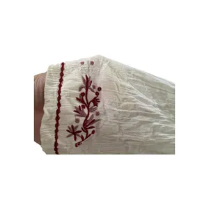 Vintage Ivory/Burgundy Embroidered Lace Up Peasant Crinkle Long Sleeve Top Boho thumbnail 4