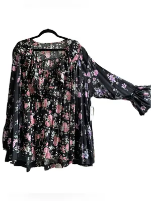 Nwt Free People Loretta Printed Tunic Floral Printed Blouse Black Combo - M thumbnail 9