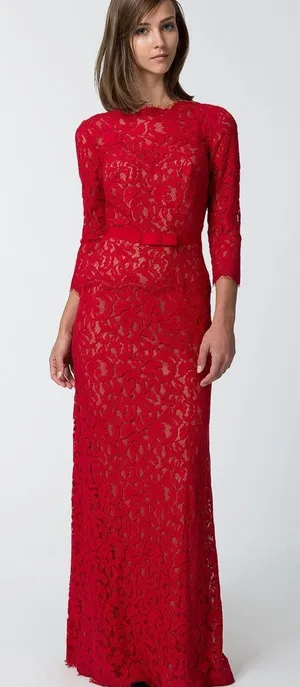 Tadashi Shoji Red Lace Maxi Dress with Three-Quarter Sleeves thumbnail 1