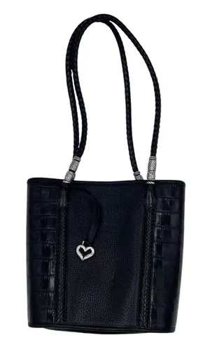 Vintage Brighton Black Pebbled Leather Croc Embossed Shoulder Bag Bucket Tote thumbnail 1