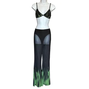 Superdown Black Sheer Flare Pant Set MEDIUM Crop Top Wicked Cochella $88 NEW thumbnail 5