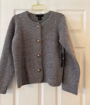 Tahari Gray Fuzzy Cardigan with Gold Buttons size M length 23” bust 36” new thumbnail 1