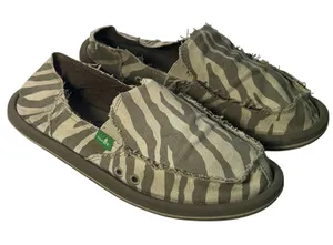 Sanuk Sidewalk‎ Surfer Zebra Print Canvas Slip On Loafers Olive Tan Womens 8 thumbnail 1