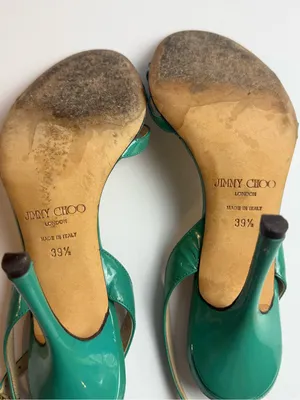 Jimmy Choo Green Patent Leather Strappy Slingback Stiletto Sandals Size 39.5‎ thumbnail 16